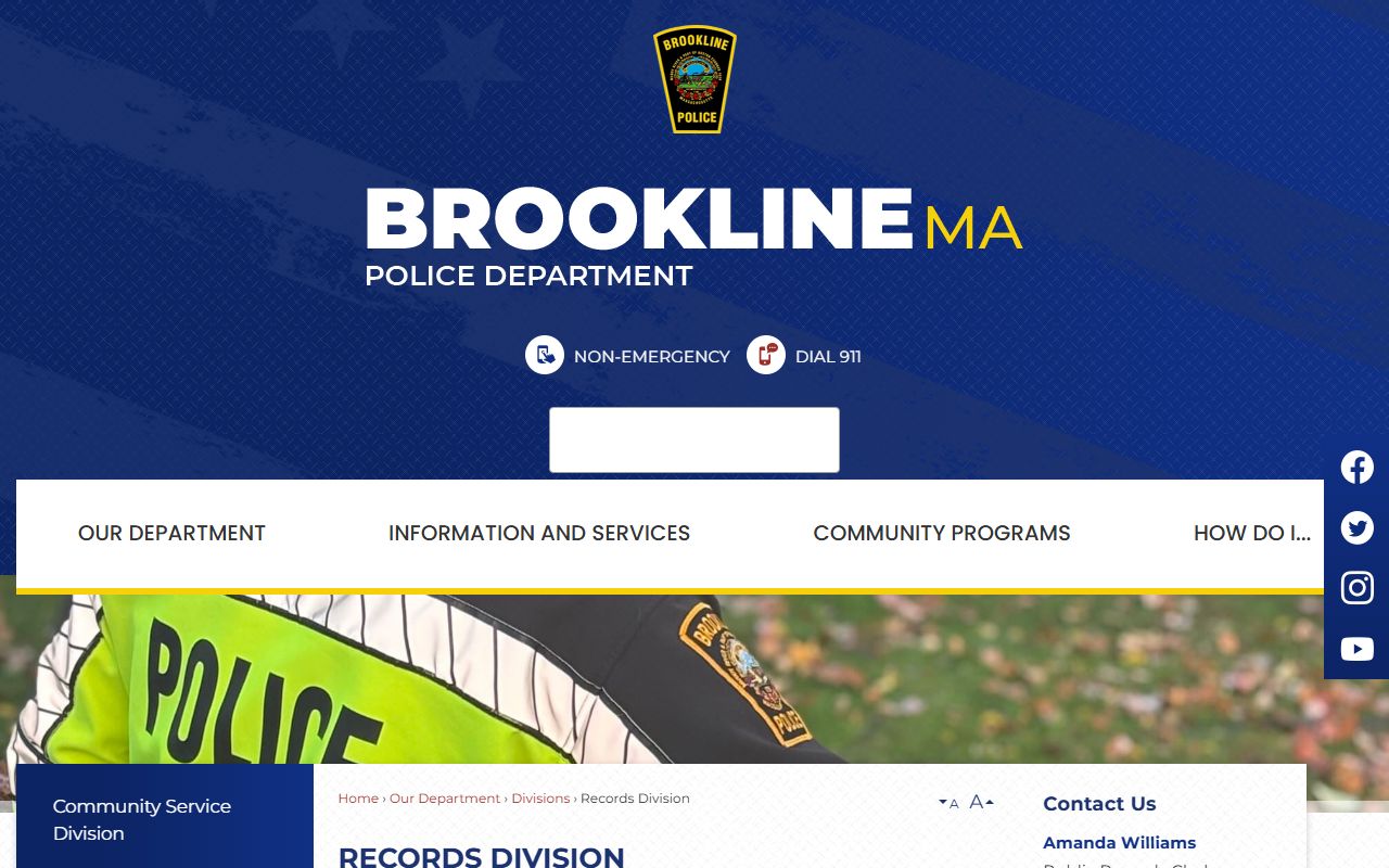 Brookline Police Records Division page for Brookline warrant records
