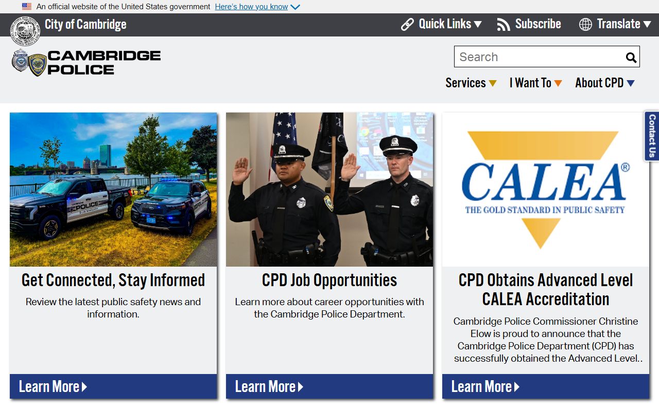 Cambridge Police Department website for Cambridge warrant records