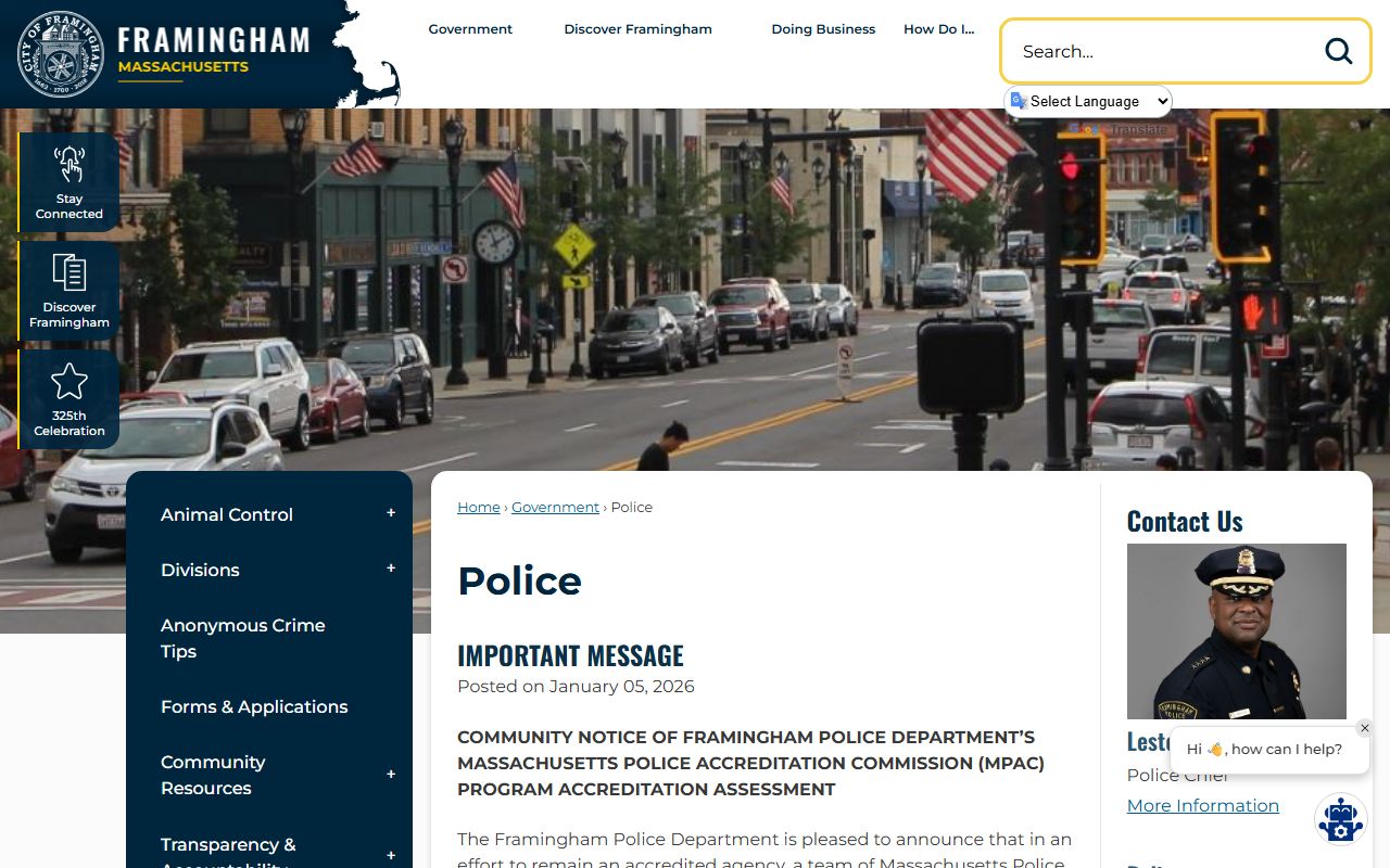 Framingham Police Department website for Framingham warrant records