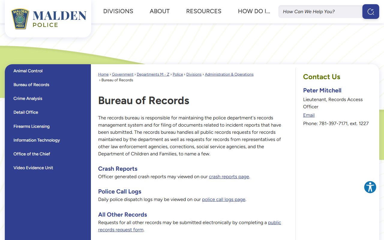Malden Bureau of Records page for Malden warrant records