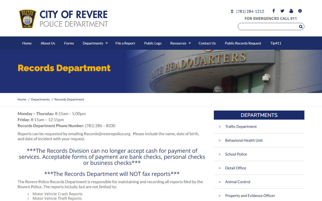 Revere Police Records Department page for Revere warrant records