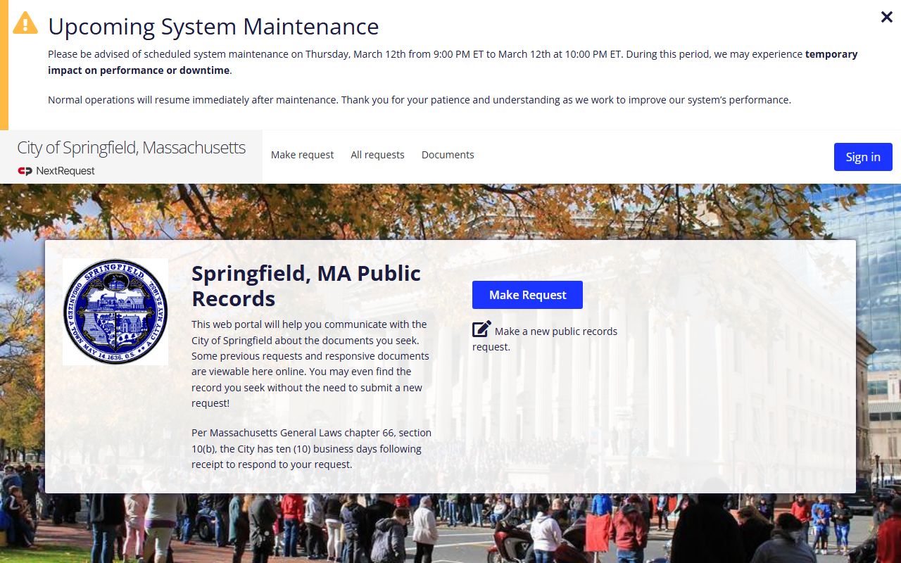 Springfield NextRequest portal for Springfield warrant records requests