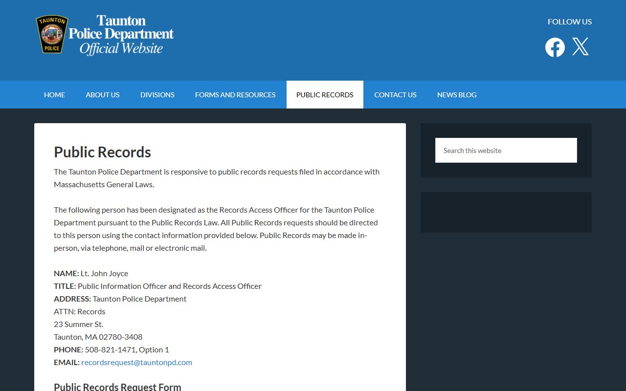 Taunton Police public records page for Taunton warrant records