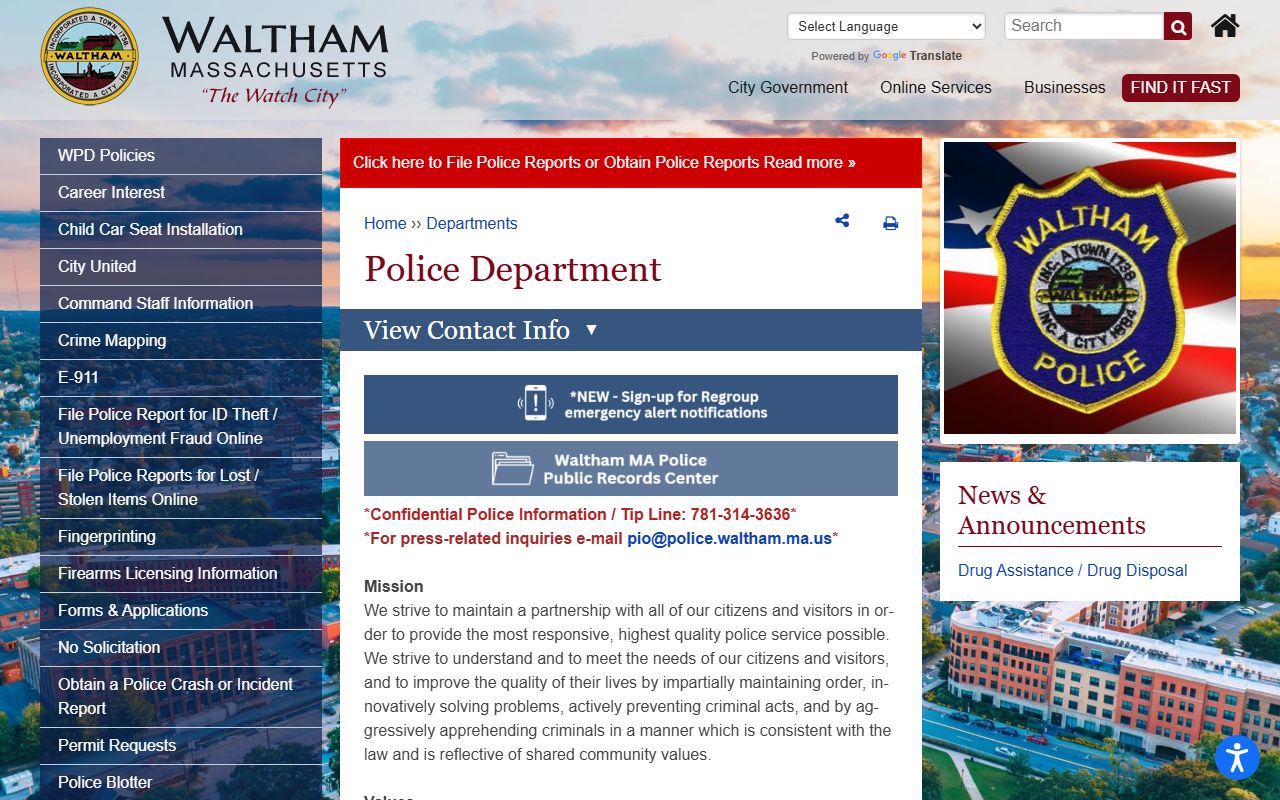 Waltham Police Department website for Waltham warrant records