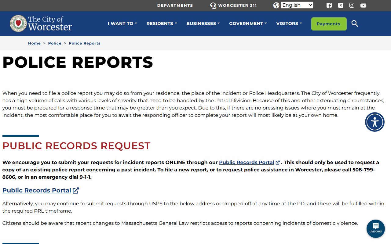 Worcester Police public records portal for Worcester warrant records
