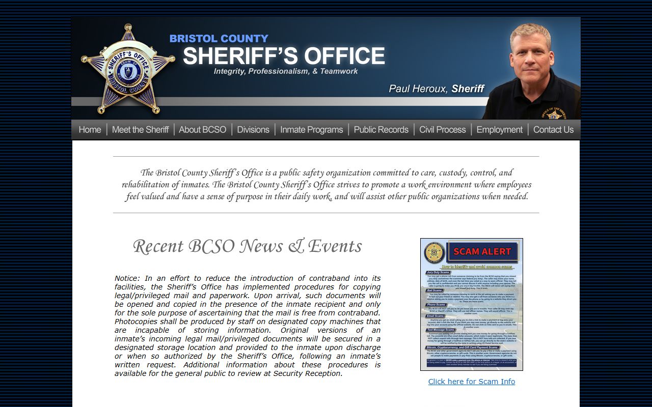 Bristol County Sheriff's Office website for Bristol County warrant records
