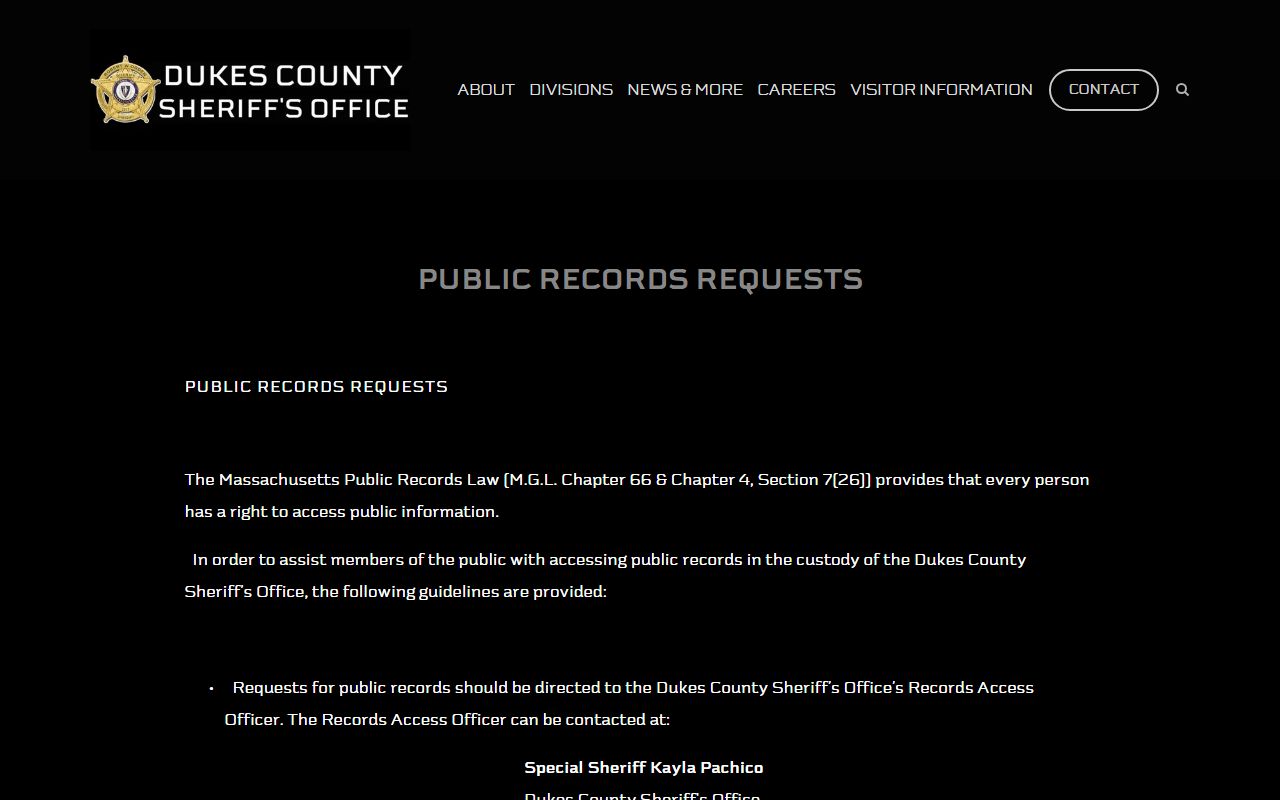 Dukes County Sheriff public records request page for warrant records