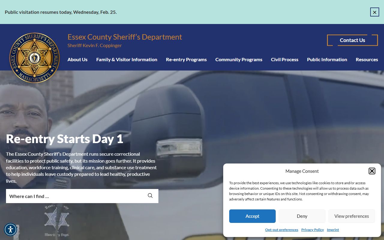Essex County Sheriff's Office website for Essex County warrant records