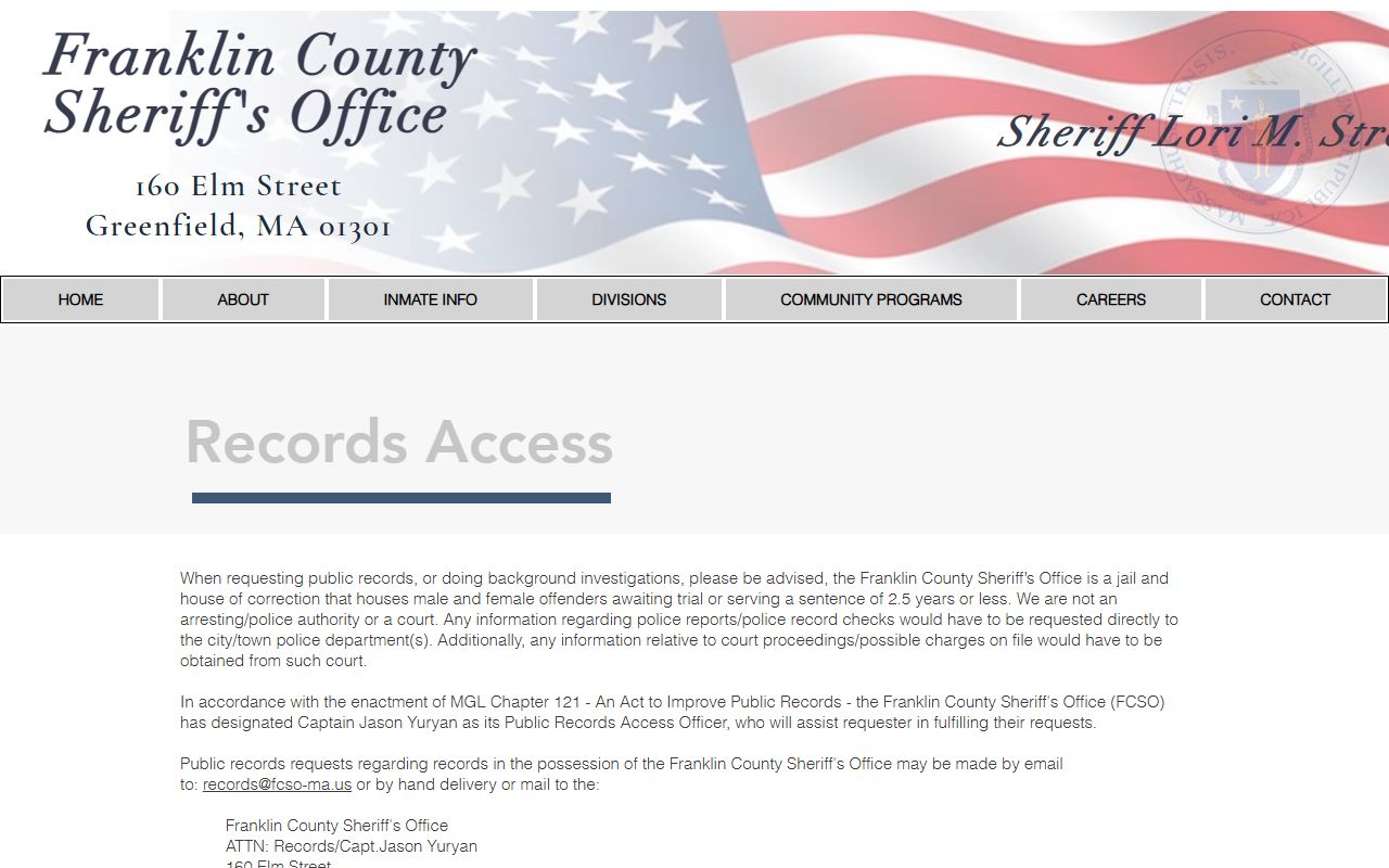 Franklin County Sheriff records access page for warrant records requests