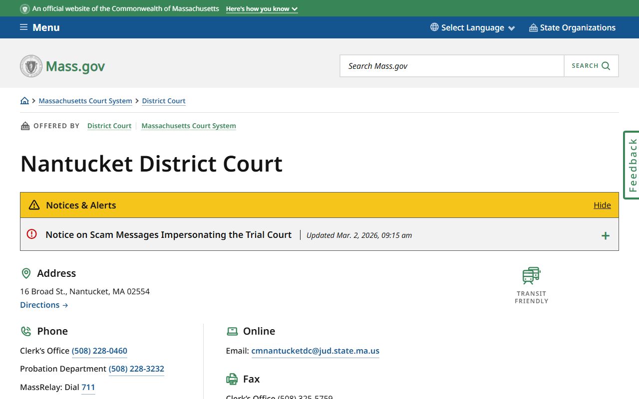Nantucket District Court page for Nantucket County warrant records