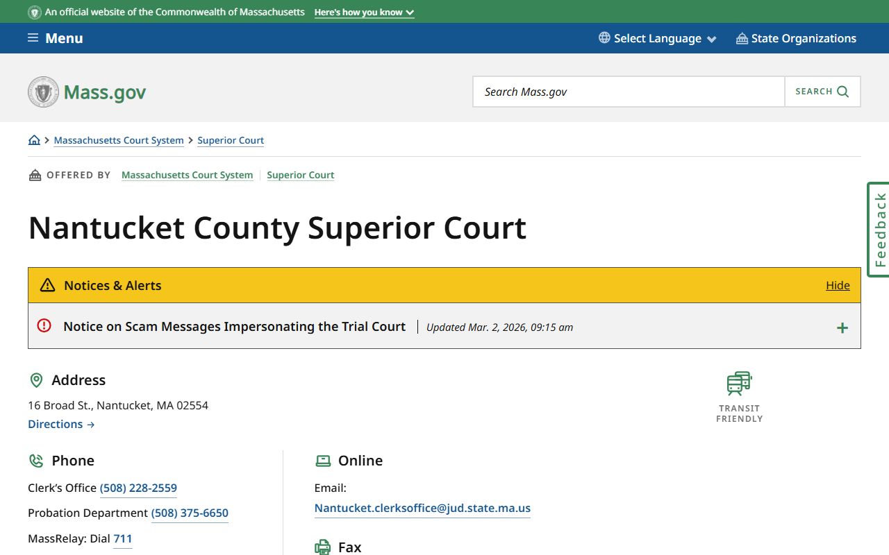 Nantucket Superior Court page for Nantucket County warrant records