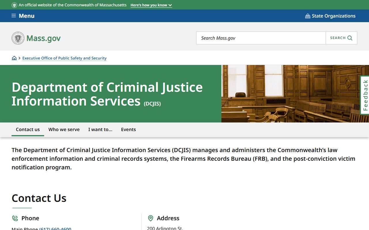 Massachusetts DCJIS homepage for criminal justice information