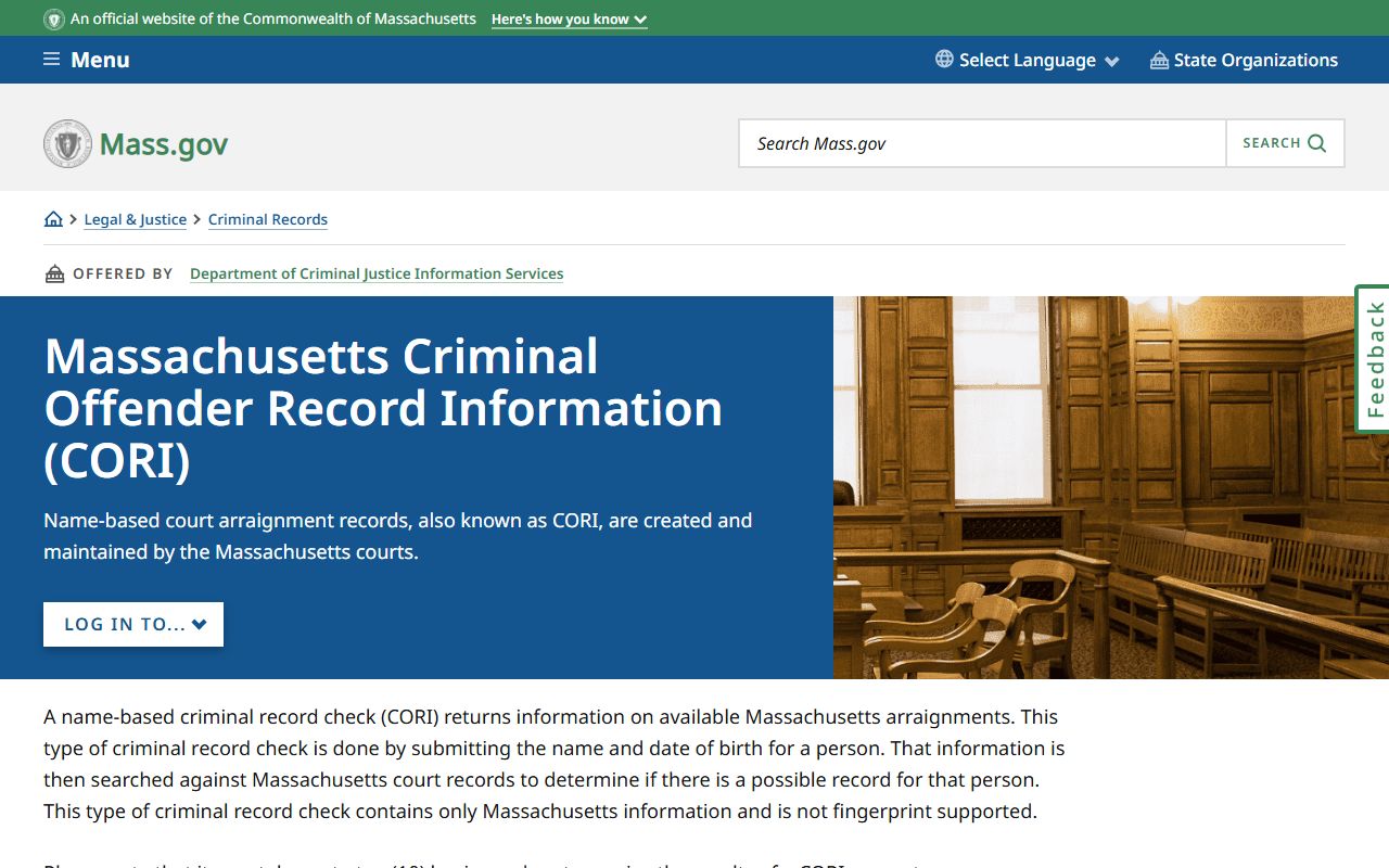 Massachusetts iCORI system information page for warrant records