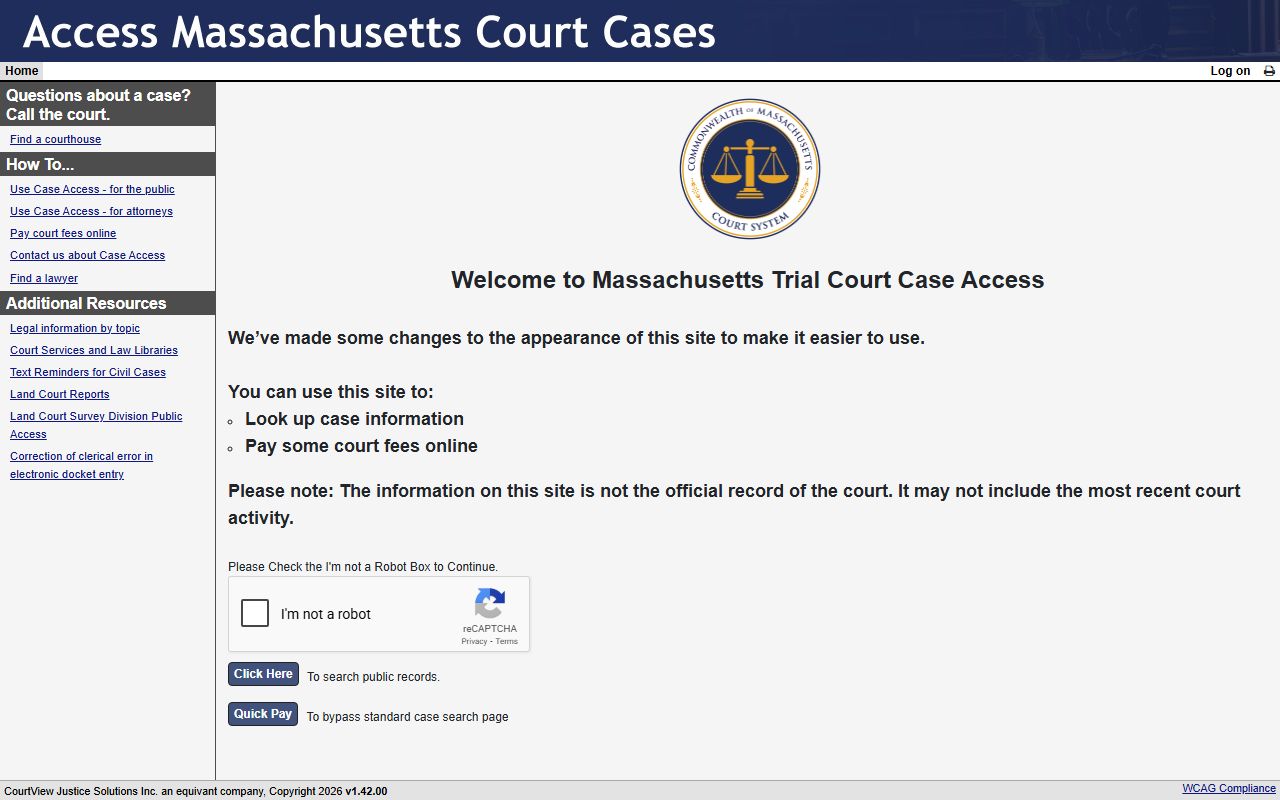 Massachusetts Trial Court Electronic Case Access portal for warrant records search