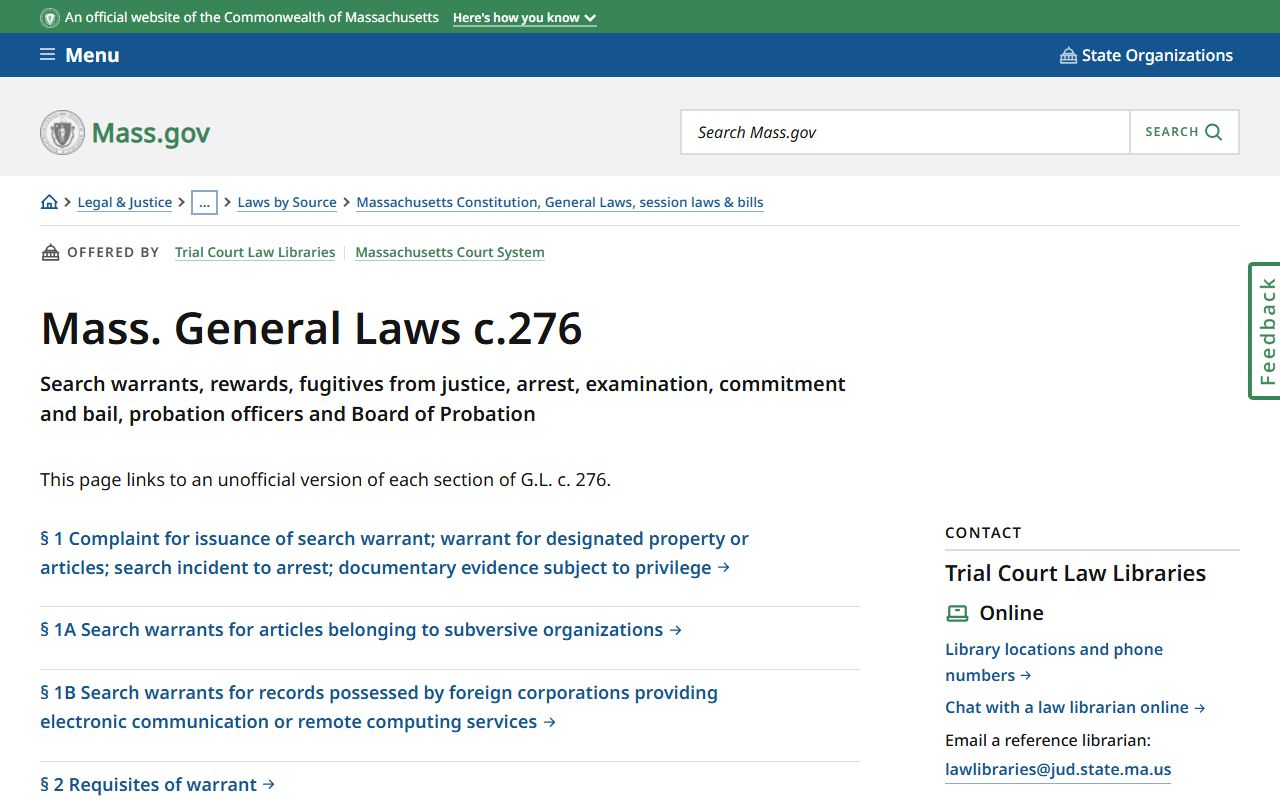 Massachusetts General Laws Chapter 276 warrant statutes page