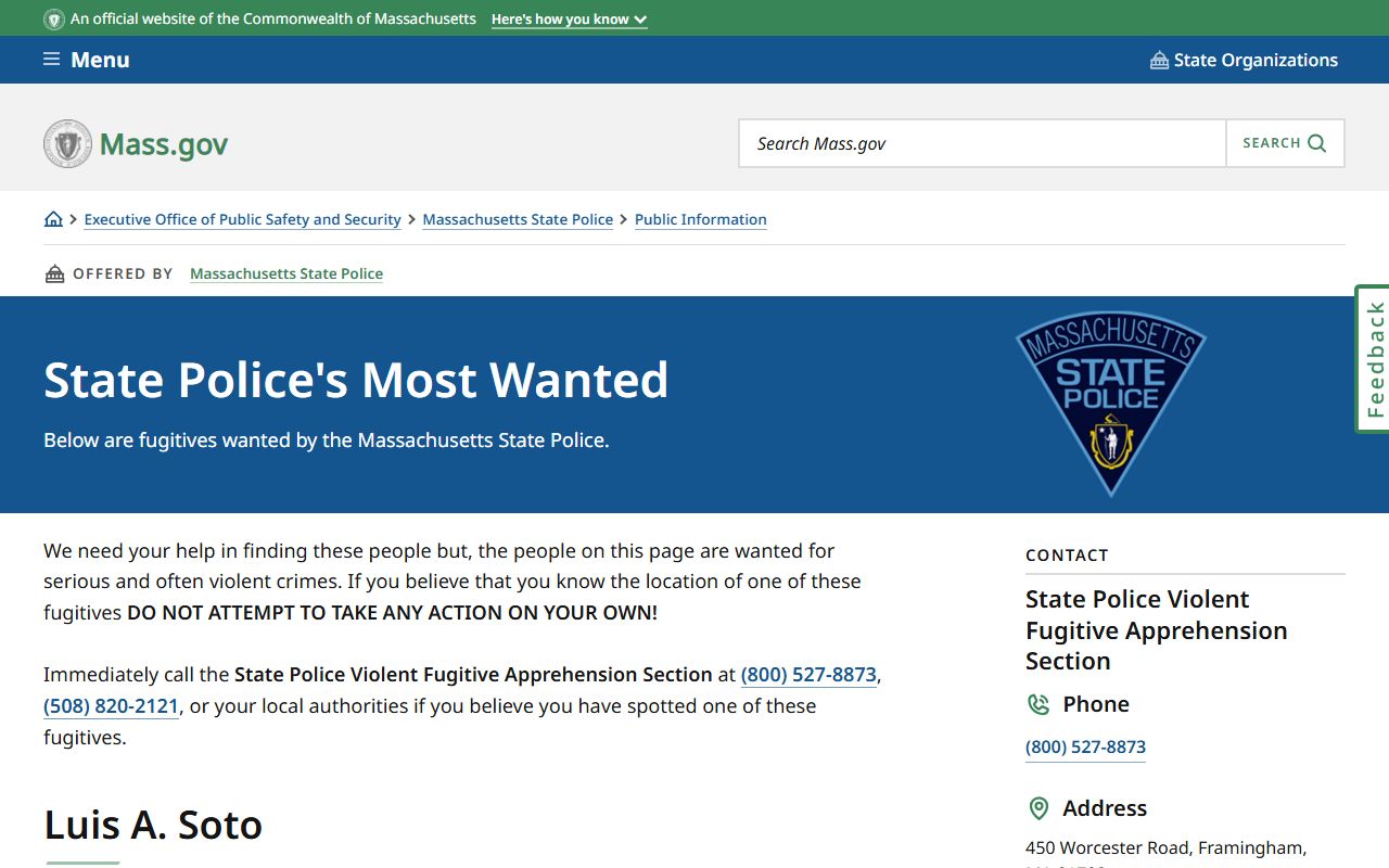 Massachusetts State Police most wanted list for warrant records